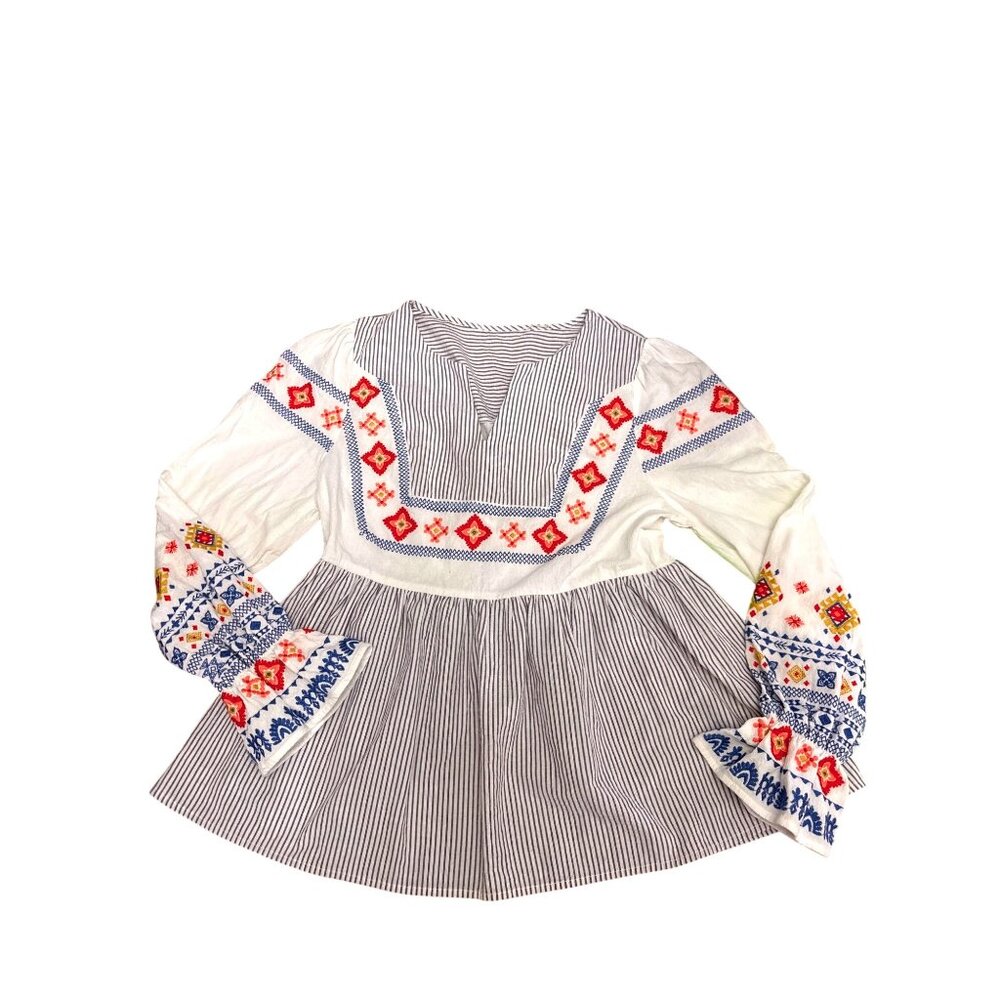 CCC Striped Bohemian Embroidered Long Sleeve Blouse V Neck Peplum Hem Coquette S - Picture 4 of 8